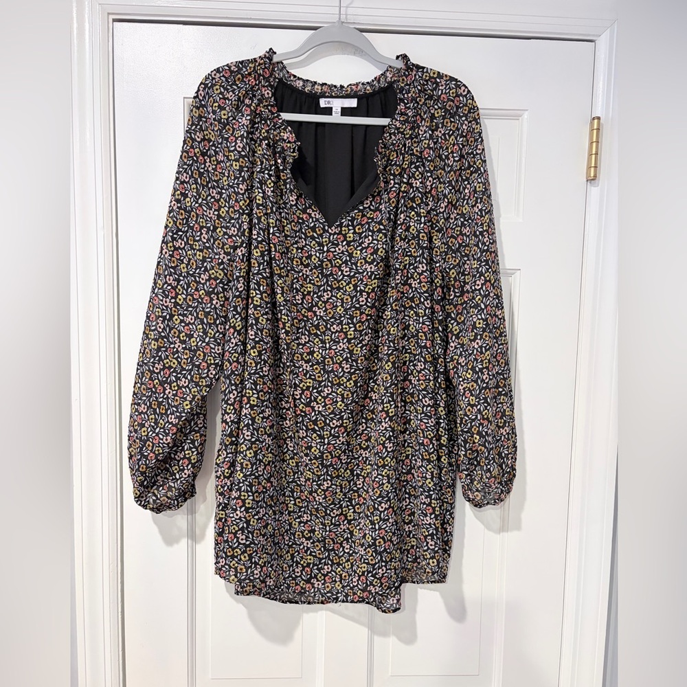 DR2 Black Floral Ruffle Neck Blouse Size 3X Sheer Long Sleeve